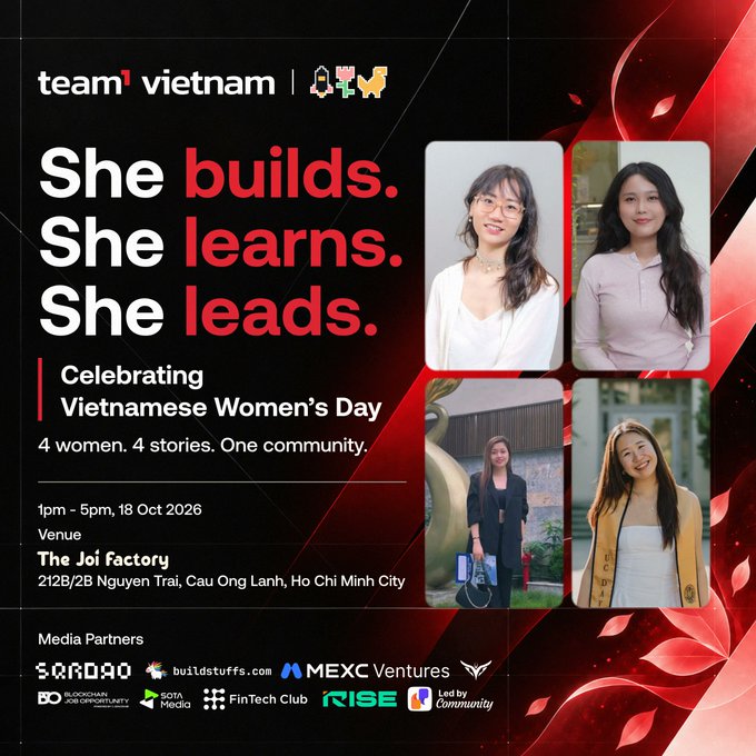 A promotional poster for 'team1 vietnam' celebrating Vietnamese Women's Day, featuring the text 'She builds. She learns. She leads.' with photos of four women, event details for October 18, 2026, at 'The Joi factory' in Ho Chi Minh City, and media partner logos.
