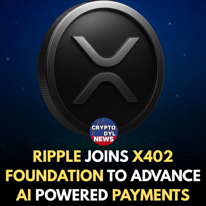 The image features a black XRP (Ripple) coin against a dark blue background, with a "Crypto DYL News" logo and bold text announcing "RIPPLE JOINS X402 FOUNDATION TO ADVANCE AI POWERED PAYMENTS," visually reinforcing the news that Ripple has joined the X402 Foundation to support AI-driven payment solutions.