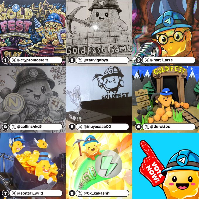 A 3x3 grid displaying top entries in a 'Gold Fest Game' art contest featuring mining-themed cartoon characters, with numbered credits to artists like @cryptomosters and @tauviqalebya.