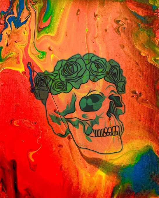 Artwork featuring a green-tinted skull adorned with a rose crown, set against a vibrant, swirling background of red, orange, yellow, and blue colors.