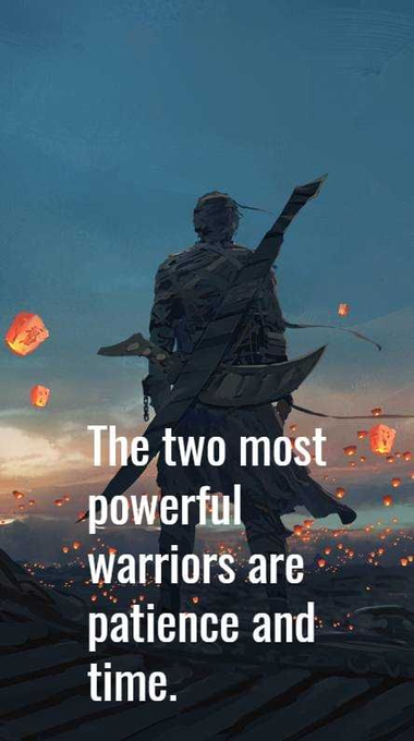 A lone warrior stands silhouetted against a twilight sky filled with floating lanterns, accompanied by the quote: "The two most powerful warriors are patience and time." The image's message of resilience and waiting aligns perfectly with the "GM FOMC Warriors!" post, which celebrates the patience required to endure Federal Reserve policy decisions.