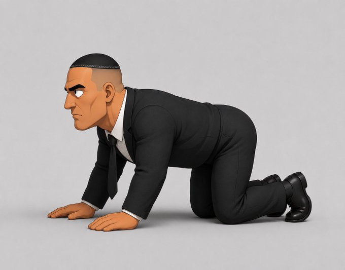 A 3D rendered cartoon-style image of a bald man with a barcode tattoo on his head, wearing a black suit and tie, positioned on his hands and knees in a crawling pose against a grey background.