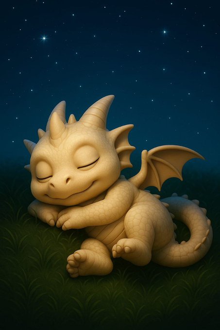 A 3D-rendered illustration shows a small, smiling dragon with cream-colored scales sleeping peacefully on grass under a night sky filled with stars.