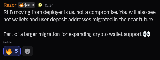 A Discord message from Razer (with RLB ticker) at 15:24 clarifies that "RLB moving from depl0yer is us, not a compromise," noting hot wallets and user deposit addresses will also migrate as part of expanding crypto wallet support. The post contrasts with the accompanying caption criticizing Rollbit for allegedly scamming users by withholding winnings, while the screenshot suggests the platform is framing an internal move of RLB tokens as a routine migration rather than an exploit.
