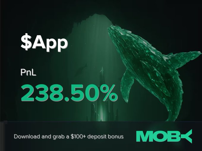 A Moby Mobile promotional graphic announces a winning $App trade with a PnL of +238.50%, set against an underwater scene featuring a green whale and "$App / PnL / 238.50%" text, while the bottom banner invites users to "Download and grab a $100+ deposit bonus" alongside the Moby logo.