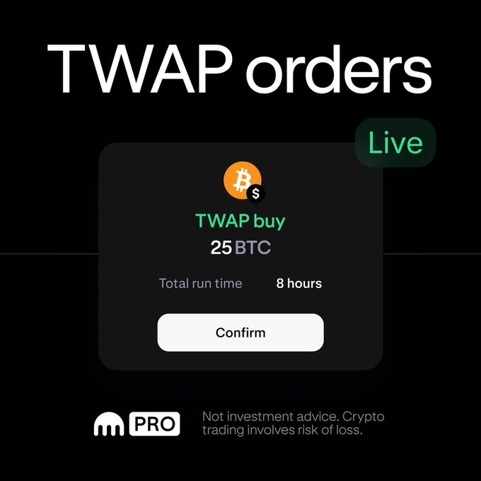 A promotional graphic announces that TWAP (Time-Weighted Average Price) orders are now live on Kraken Pro, featuring a dark-themed confirmation card showing a "TWAP buy" of 25 BTC with a total run time of 8 hours and a "Confirm" button, accompanied by a "Live" badge in the corner.
