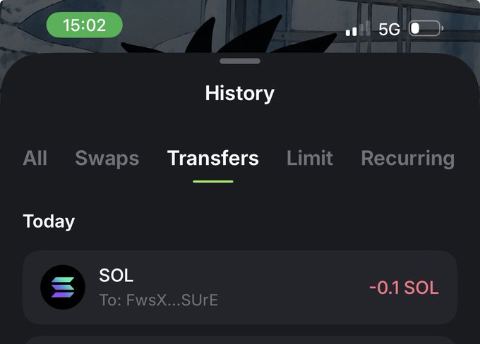 A smartphone screenshot of a transaction history showing a transfer of -0.1 SOL to 'FwsX...SUrE' under the Transfers tab.