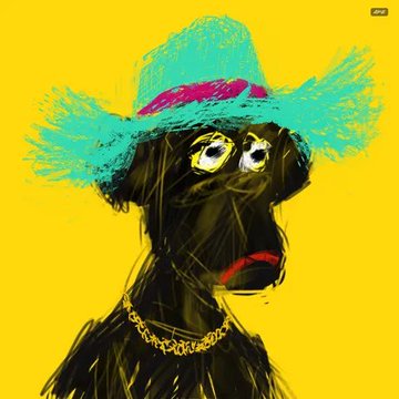 A stylized, pop-art digital painting of a black dog wearing a turquoise cowboy hat and a gold chain necklace against a bright yellow background.
