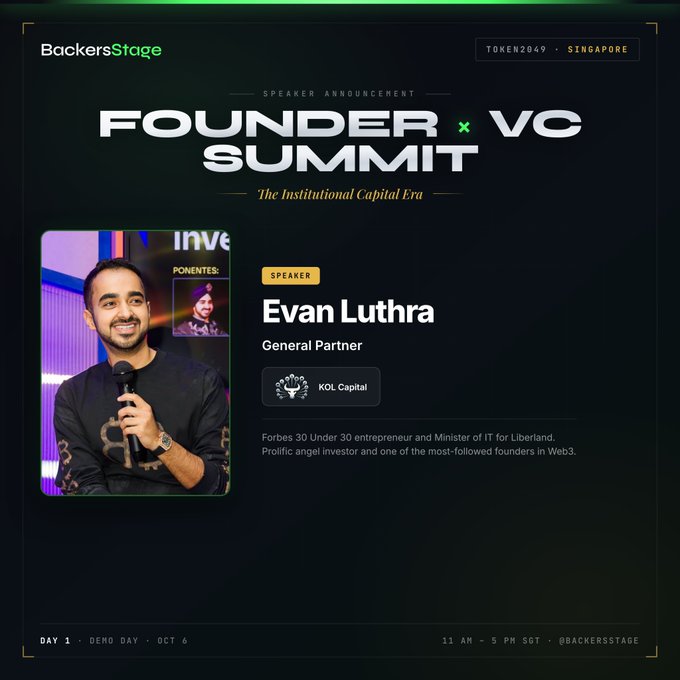 Promotional graphic for the BackersStage Founder x VC Summit featuring speaker Evan Luthra, General Partner at KOL Capital, described as a Forbes 30 Under 30 entrepreneur, scheduled for Day 1, Demo Day, Oct 6.