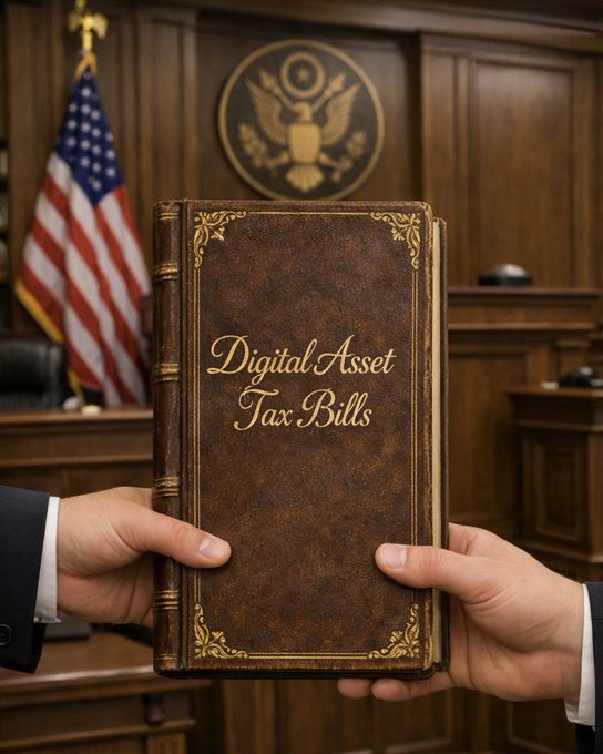 Two hands hold a brown leather-bound book titled 'Digital Asset Tax Bills' in front of a courtroom backdrop featuring an American flag and a wooden eagle emblem.