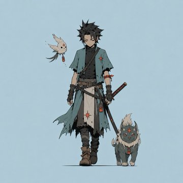 An anime-style illustration shows a dark-haired character in a blue kimono holding a katana, accompanied by a small floating spirit and a wolf-like creature.