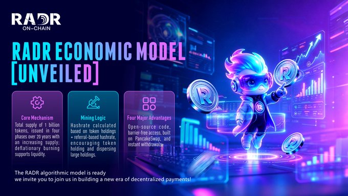 Promotional graphic for RADR ON-CHAIN unveiling the token's economic model, highlighting a total supply of 1 billion tokens, a referal-based hashrate system in the "Mining Logic" section, and four major advantages including open-source code and biominig access, alongside a futuristic character holding an "R" coin amid crypto-themed visuals.