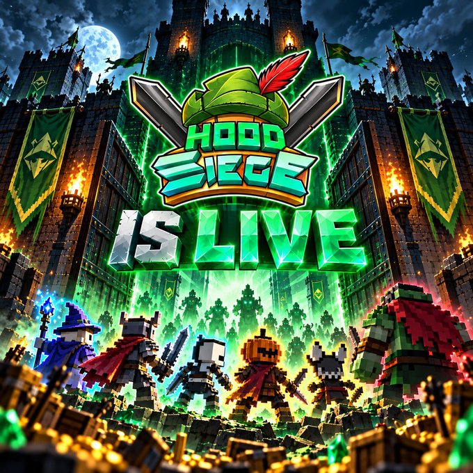Promotional artwork for 'HOOD SIEGE' featuring pixel-art characters, including a wizard and warriors, in front of a green-glowing castle under a full moon, with large text announcing 'IS LIVE'.