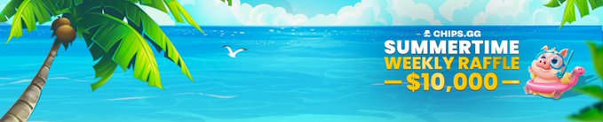 A colorful summer-themed promotional banner for 'CHIPS.GG' advertising a 'SUMMERTIME WEEKLY RAFFLE' with a '$10,000' prize, featuring a tropical beach scene with palm trees, ocean, and a cartoon character wearing a snorkel.