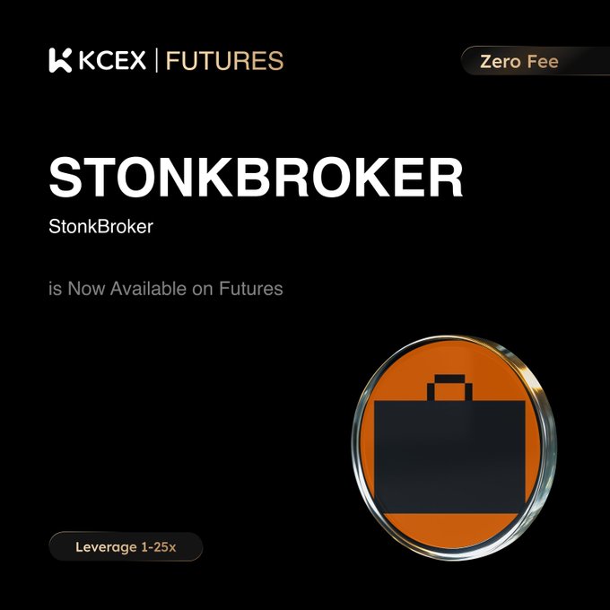 KCEX Futures platform advertisement announcing that 'STONKBROKER' is now available with zero fees and leverage of 1-25x, featuring an orange briefcase icon on a black background.