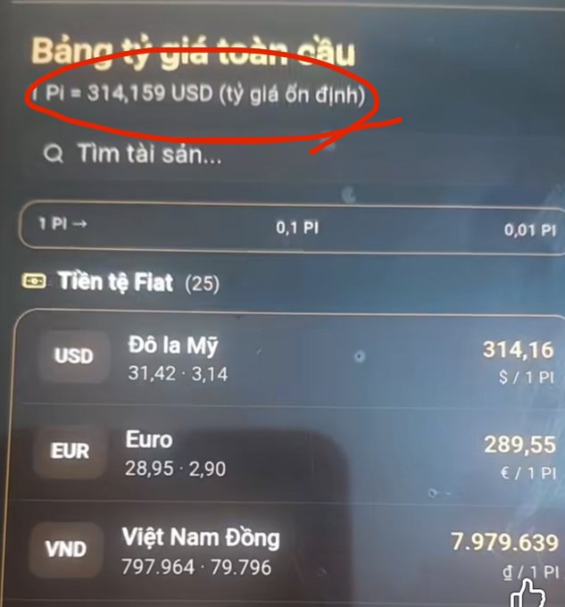 A screenshot in Vietnamese showing a cryptocurrency price page titled 'Bảng tỷ giá toàn cầu' with Pi priced at $314,159 USD, displayed alongside fiat currencies like USD, EUR, and VND.