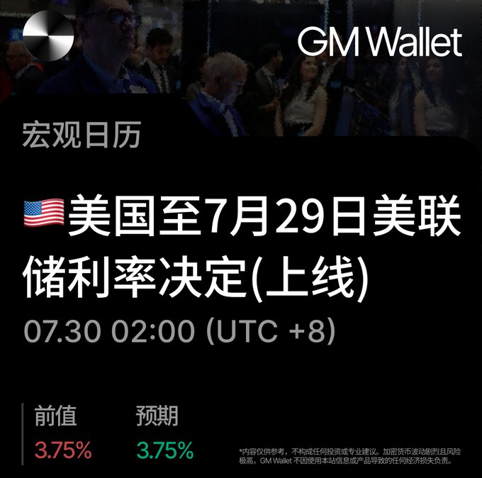 A promotional graphic from 'GM Wallet' showing an economic calendar event titled '宏观日历' for the US Federal Reserve interest rate decision, dated 07.30 02:00 (UTC +8), with previous and forecast values of 3.75%.