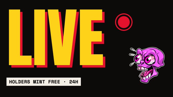 A bold graphic featuring a yellow 'LIVE' text with red shadow, a pink cartoonish skull character, and 'HOLDERS MINT FREE • 24H' at the bottom.