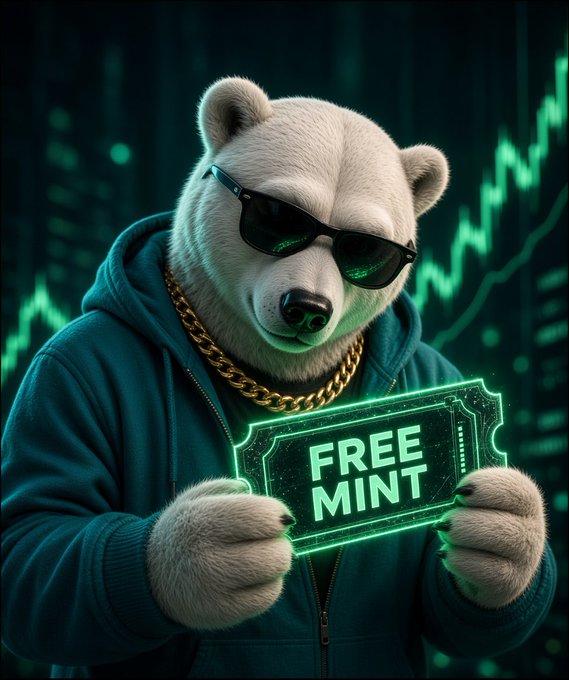 A digital illustration features a white bear wearing sunglasses, a gold chain, and a dark hoodie, holding a glowing green 'FREE MINT' ticket against a backdrop of stock market charts.