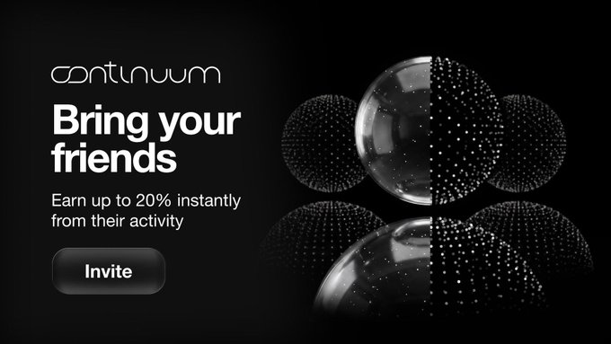 A sleek black promotional graphic for Continuum ($CTM) features the bold headline "Bring your friends" alongside text reading "Earn up to 20% instantly from their activity" and an "Invite" button. The right side displays an abstract 3D composition of glossy spheres with dotted, textured surfaces, reinforcing the modern, tech-forward aesthetic of the SuperApp's referral program.