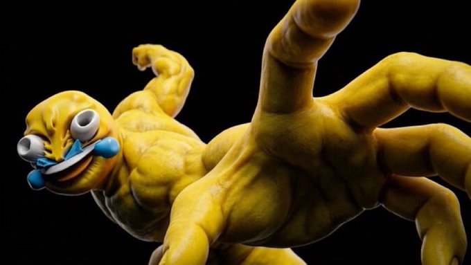 A dramatic close-up of a muscular yellow animated figure with bulging eyes and blue lips, reaching out with a large hand against a black background.