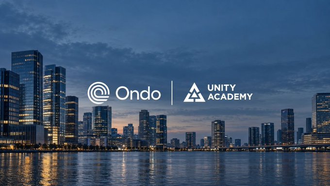 A twilight cityscape over water with the logos "Ondo" and "UNITY ACADEMY" displayed prominently in the center.