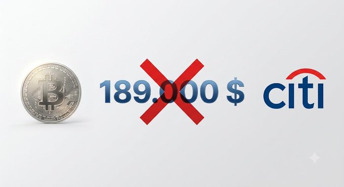 The image shows a physical Bitcoin coin alongside the text "$189,000" crossed out with a large red X, next to the Citibank logo. This visually represents Citibank withdrawing or lowering its earlier bullish $189,000 price target for Bitcoin, aligning with the post's mention of Citibank revising its forecast down to around $82,000 for 2026.