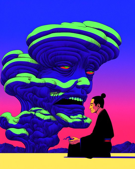 A vibrant psychedelic digital illustration showing a person in a black robe holding a small figure while facing a massive blue cloud-like entity with a face, set against a blue-to-pink gradient sky.
