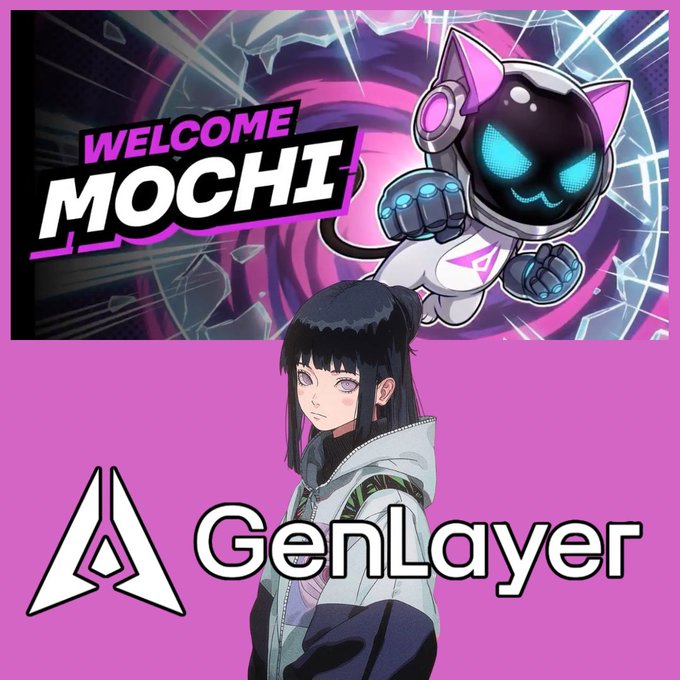A composite image with the top half showing a 'WELCOME MOCHI' banner with an anime-style robotic cat mascot, and the bottom half displaying an anime character with the GenLayer logo.
