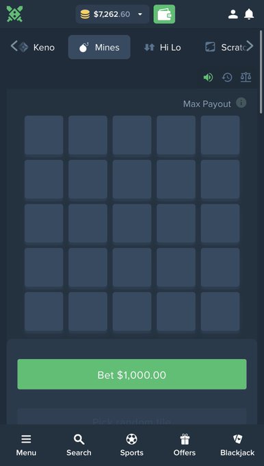 A mobile gambling app interface showing a Mines betting game with a 'Bet $1,000.00' button and a balance of $7,262.60.