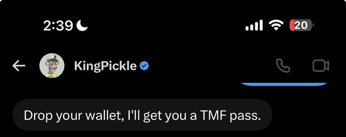 A DM from KingPickle reads "Drop your wallet, I'll get you a TMF pass," seemingly offering help to secure an entry—tying into the post's struggle to get communities into a collaboration despite being told it's unlikely.