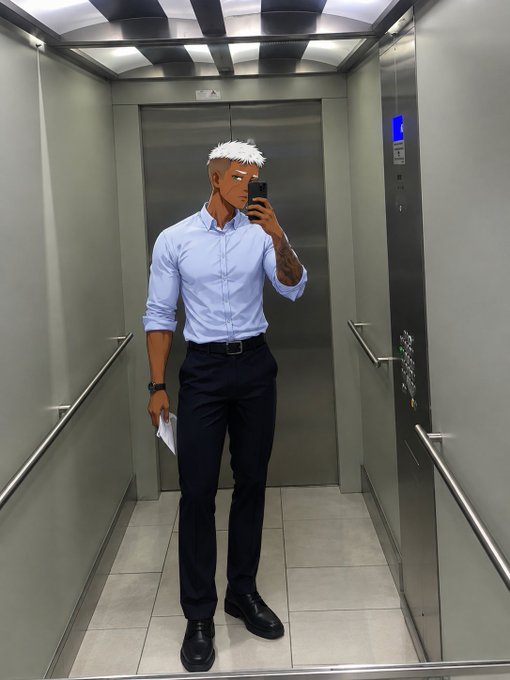 A stylized photo of a man with white hair, wearing a light blue shirt and dark pants, taking a mirror selfie with his phone inside an elevator.