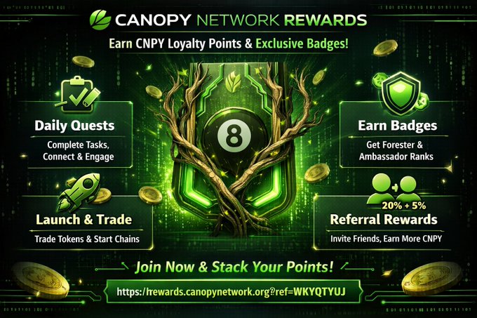 The image features a poster for Canopy Network Rewards that showcases their unique Quest-based reward system. The poster displays various icons representing different rewards, such as daily quests, complete tasks, connecting with others, and more. These rewards are designed to help users accumulate CNPY loyalty points, which can be used at launch or to access exclusive benefits. The poster also includes a call to action for viewers to join the Canopy Network Rewards system by clicking on the provided link.