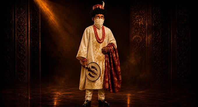 urn of gold and red liquid, a white mask with black feathers, and a red and gold sash are displayed against a dark background.