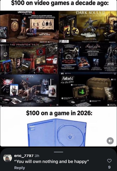 A meme comparing $100 spent on video games a decade ago (showing collector's editions of Uncharted 4, Dark Souls III, MGSV, Batman, Witcher 3, and Fallout 4) versus $100 spent on a single game in 2026 (showing an empty blue PlayStation 5 case), with a comment reading 'You will own nothing and be happy.'