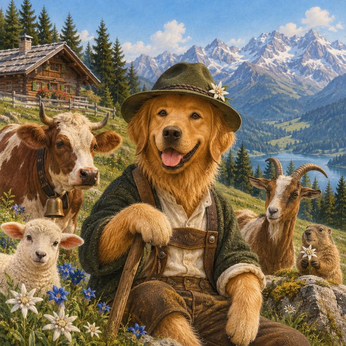 An AI-generated illustration of a smiling golden retriever dressed as an Alpine farmer with a green hat and lederhosen, surrounded by a cow, lamb, goat, and marmot in a Swiss mountain landscape.
