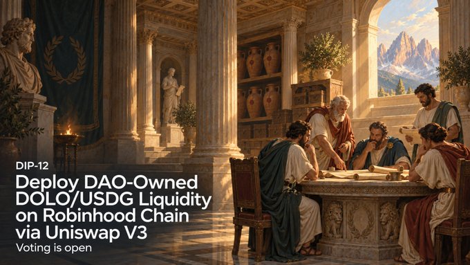A classical scene of robed figures gathered around a table in a columned hall evokes ancient deliberation, overlaid with the heading "DIP-12 Deploy DAO-Owned DOLO/USDG Liquidity on Robinhood Chain via Uniswap V3 — Voting is open," visually framing the proposal as a council decision on deploying 2,000,000 DAO-held DOLO paired with USDG into a concentrated-liquidity position.