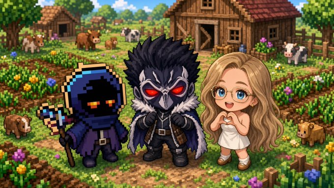 A pixel art farming scene featuring a dark mage with a staff, a horned warrior with red eyes, and a blonde girl with glasses standing in a vibrant field with farm animals and a wooden house in the background. The whimsical, RPG-style characters suggest a playful "yield farming" pun, tying into the post's reference to crypto gems producing returns.