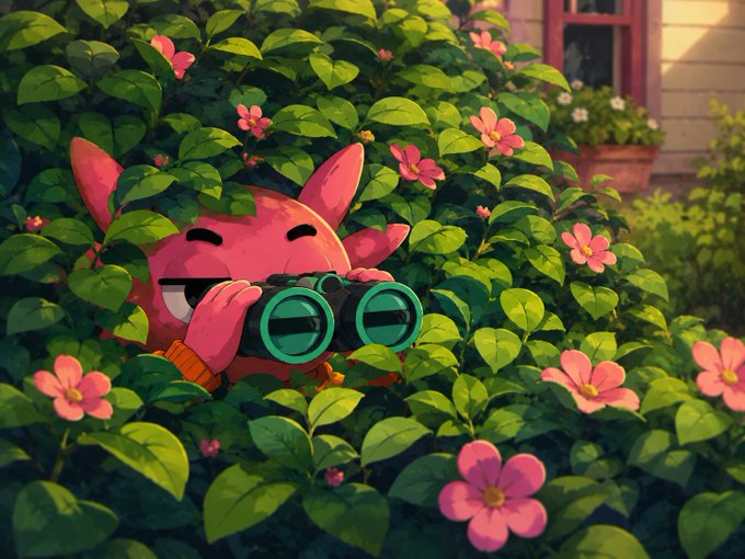 A pink cartoon creature with closed eyes peers through green binoculars while hiding in lush green bushes adorned with pink flowers.