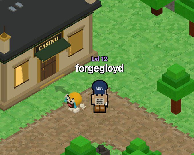 The image shows a small town scene with a casino building in the background. A man dressed as a clown stands next to a tree, while another person wearing a hat can be seen walking by. The text "gm @theLMAOcoin" is present on the image.
