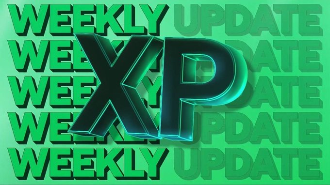 A bold graphic design with the text 'WEEKLY UPDATE' repeated in the background and large 3D letters 'XP' in the center against a green backdrop.
