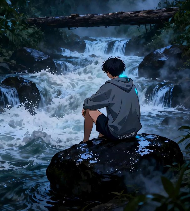 The image features a man sitting on a rock by a waterfall, wearing a hoodie and shorts. The background of the image shows water flowing down from the top right corner towards the bottom left corner. There are also some text elements present in the image that read "Good afternoon Tried @useTria AI assistant today, asked it to swap and bridge in one go Done perfectly in seconds Still farming @wallchain Quacks while my @NucleusCodes reputation keeps climbing silently These three are quietly making Web3 actually usable". The man is sitting on a rock near the waterfall, which adds an element of tranquility and natural beauty to the scene.