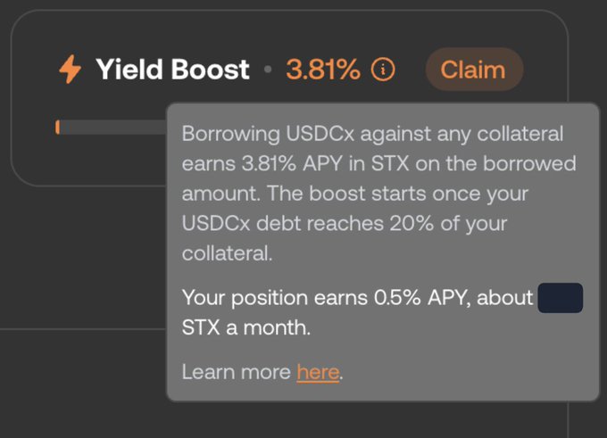 A digital interface shows a 'Yield Boost' feature at 3.81% with information about borrowing USDCx against collateral to earn STX APY.