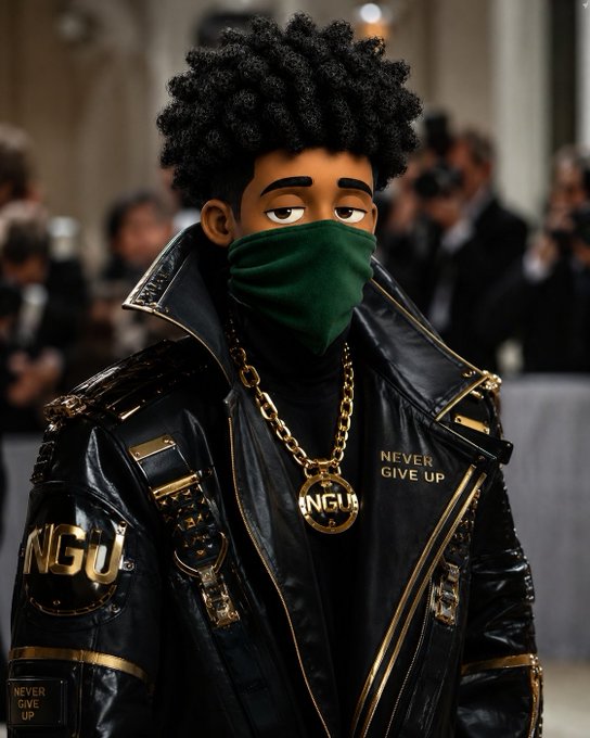 The image features a man wearing a black leather jacket with gold accents and a green face mask over his eyes. The man appears to be dressed for an event or gathering, possibly a party or a social function. In the background, there are several people standing around, some of whom might be taking photos using their cell phones. The image also contains text that reads "focus on what is in the image and how it relates to the post @NomismaNetwork stands out because it understands that adoption doesn't come from adding more complexity - it comes from making powerful technology feel simple". This message seems to be related to the man's attire, as he is wearing a black leather jacket with gold accents.

The main focus of the image is on the man in the black leather jacket and green face mask, who appears to be posing for a photo or attending an event. The background includes other people standing around, some of whom might also be taking photos using their cell phones.