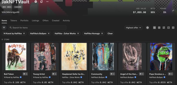 A screenshot of the JakNFTVault NFT collection page shows a portfolio value of $7,095.98 with 9 items including 'Bull Token', 'Young Artist', 'Haqdamat Sefer ha-Za...', 'Community', 'Angel of the Han...', and 'Pope Smokes a...', with various top offers listed in WETH.