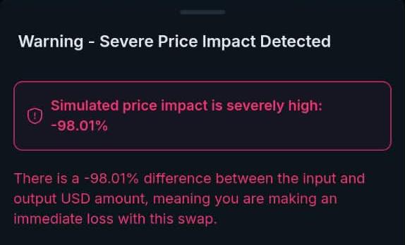 A digital warning screen titled 'Warning - Severe Price Impact Detected' with red text stating 'Simulated price impact is severely high: -98.01%' and noting an immediate loss with a USD swap.