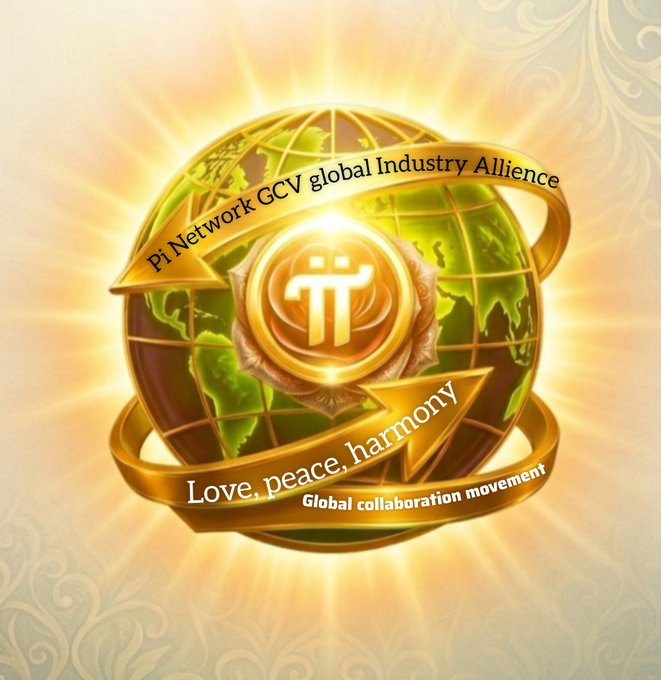 A promotional logo featuring a glowing golden globe with ribbons displaying 'Pi Network GCV global Industry Alliance' and 'Love, peace, harmony - Global collaboration movement'.