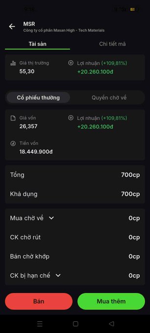 A Vietnamese stock trading app screenshot showing MSR (Masan High-Tech Materials) with market price 55.30, a +109.81% profit of +20,260,100d, cost basis of 26,357, and 700 shares total.