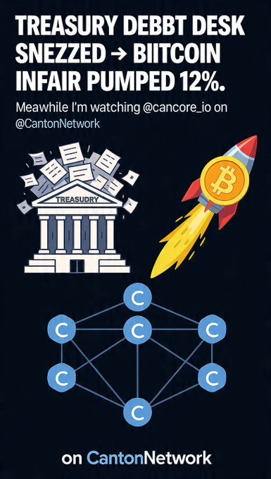 A promotional graphic featuring text 'TREASURY DEBBT DESK SNEZZED → BIITCOIN INFAIR PUMPED 12%' with @cancore_io on @CantonNetwork, alongside illustrations of a treasury building, a Bitcoin rocket, and a network of nodes.