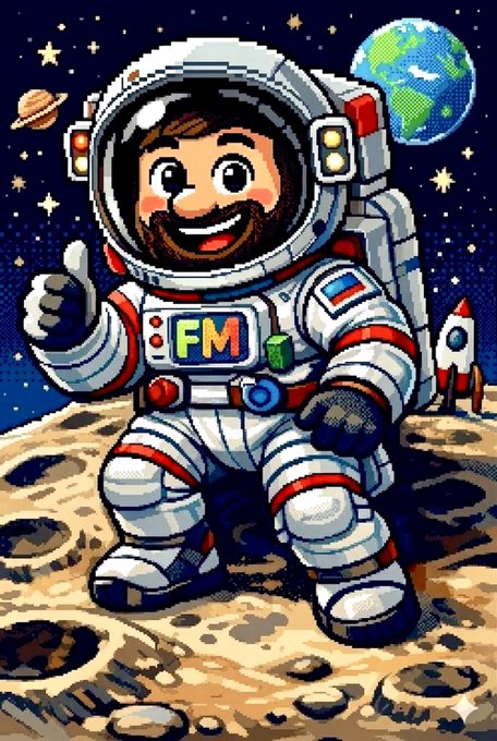 Pixel art illustration of a bearded astronaut giving a thumbs-up while standing on the moon's surface, with Earth and Saturn visible in the starry background, wearing an 'FM' logo on the suit.